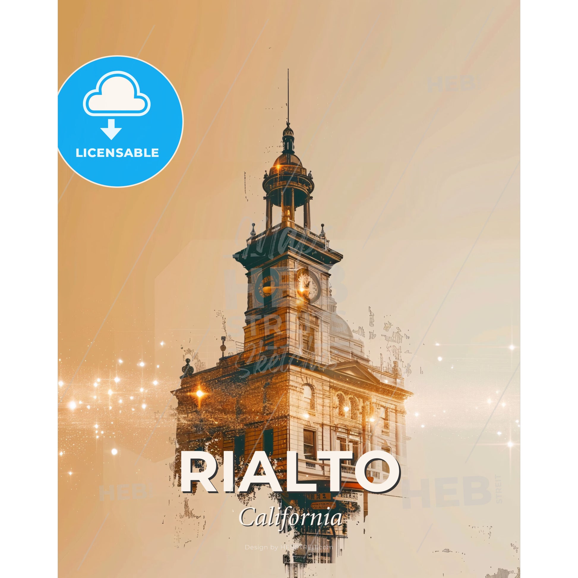 Rialto City Skyline Composite Art, Beige, Sparkles - A clock tower with a tower and a bell - Square format print template