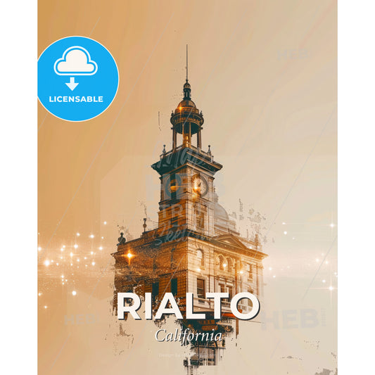 Rialto City Skyline Composite Art, Beige, Sparkles - A clock tower with a tower and a bell - Square format print template