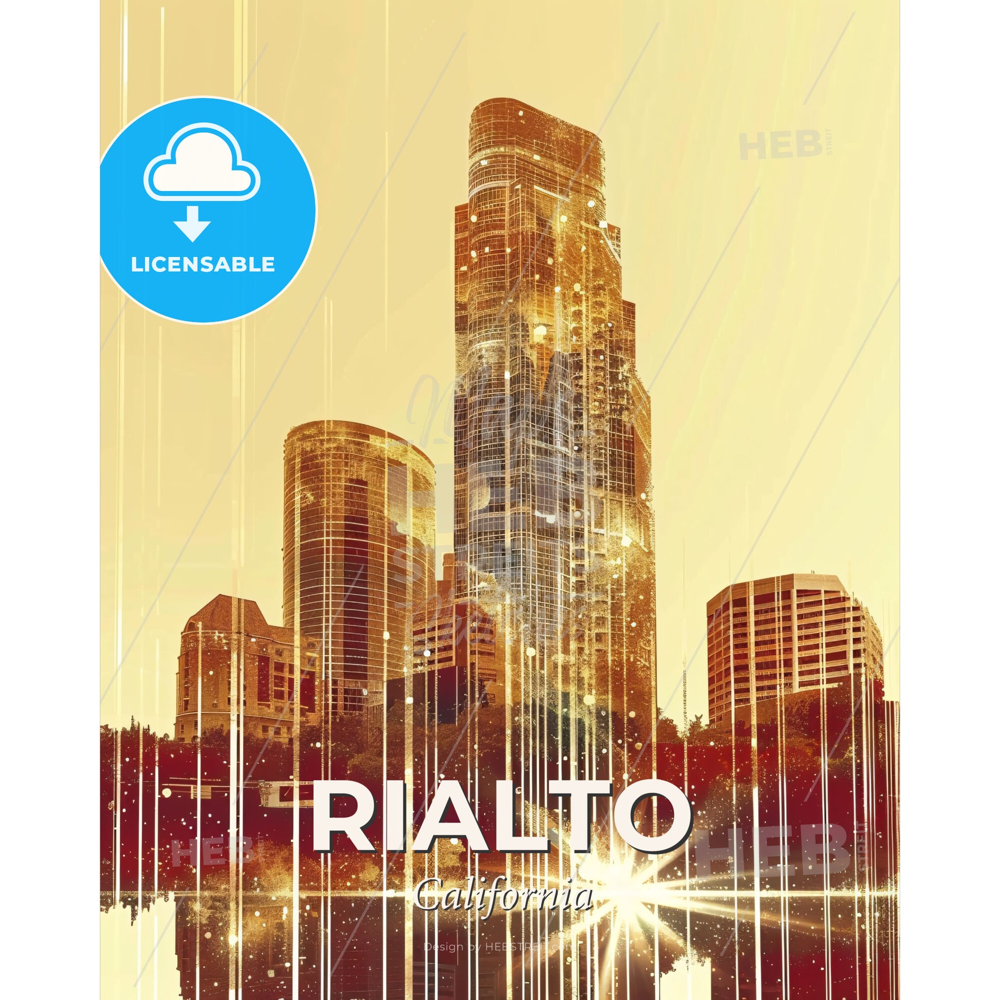 Rialto City Skyline Memories Composite Art Poster - A city skyline with a reflection of a sun - Square format print template