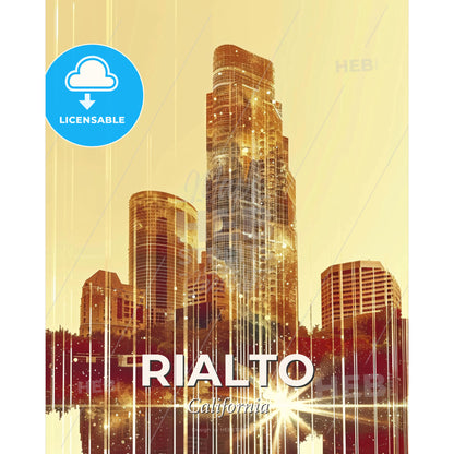 Rialto City Skyline Memories Composite Art Poster - A city skyline with a reflection of a sun - Square format print template