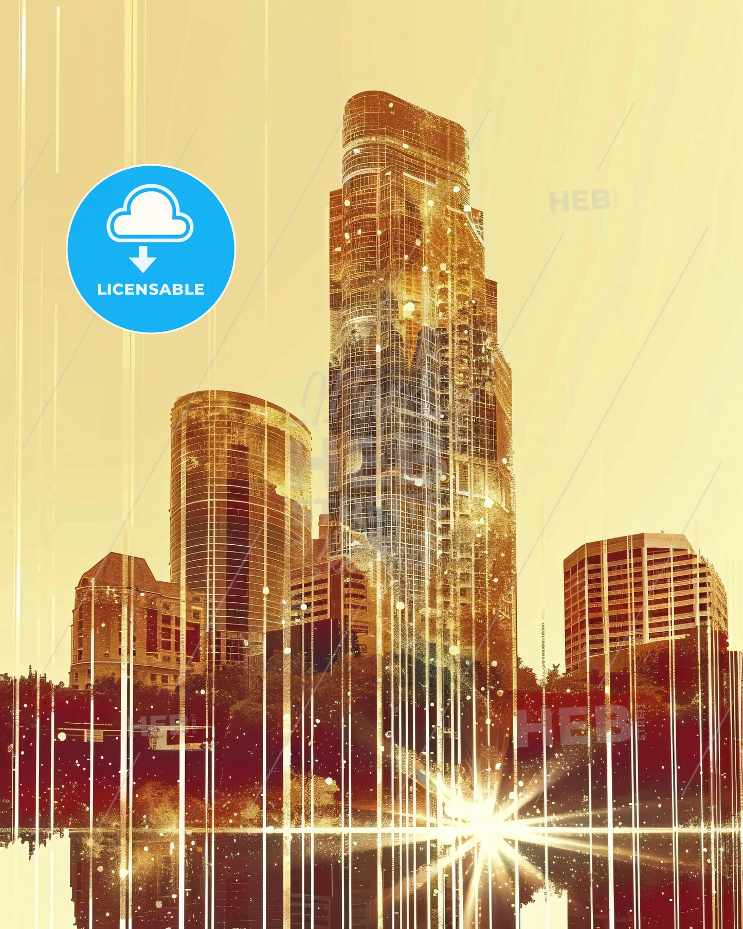Rialto City Skyline Memories Composite Art Poster - A city skyline with a reflection of a sun