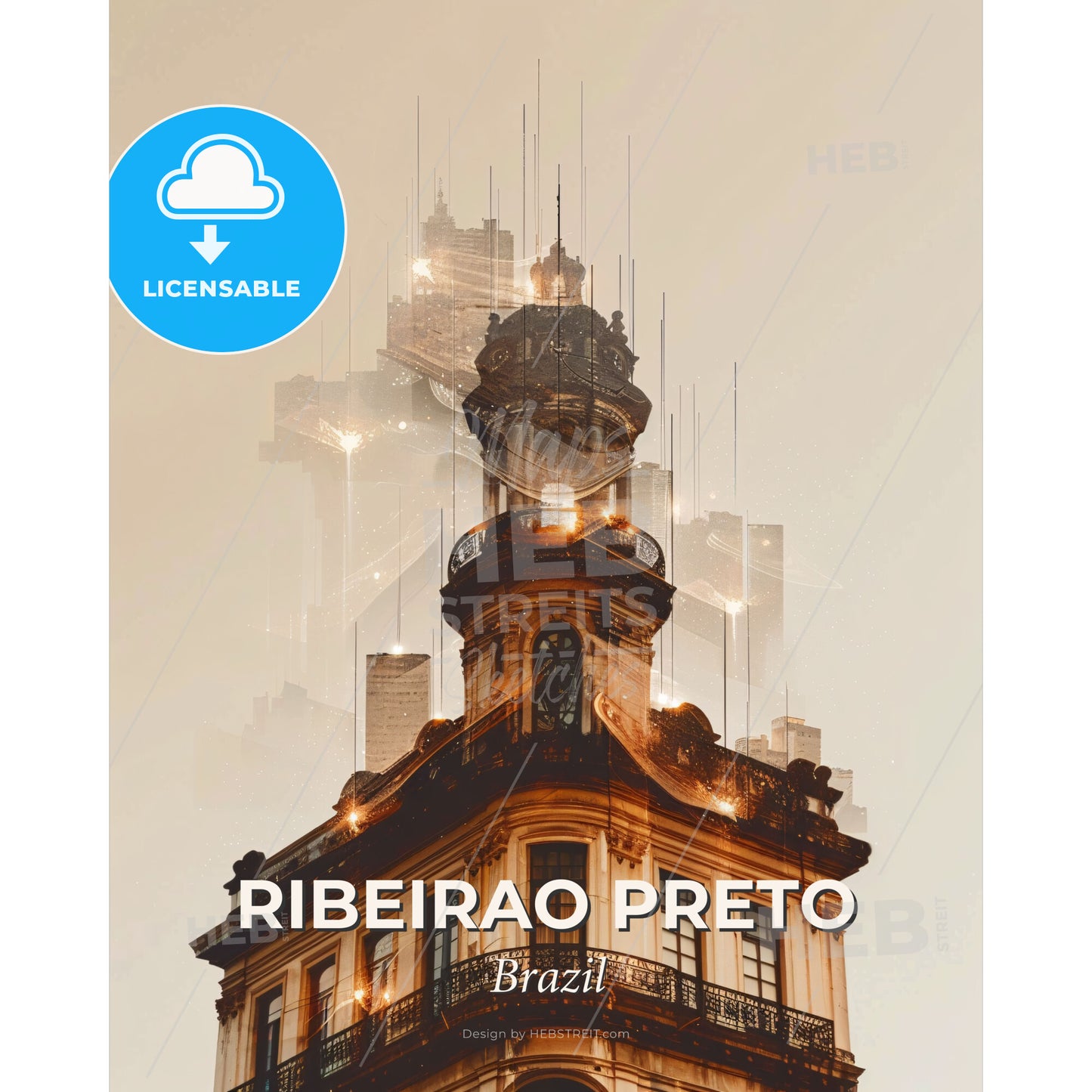 Ribeirao Preto Skyline Double Exposure Symphony - A building with a tower - Square format print template