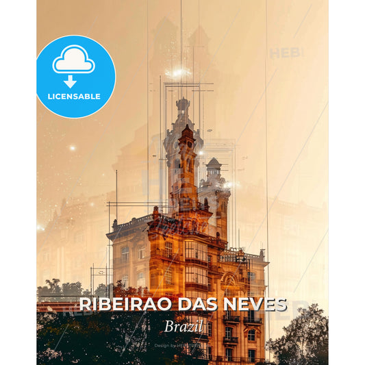 Ribeirao das Neves: City Skyline Composite - A building with a tower - Square format print template