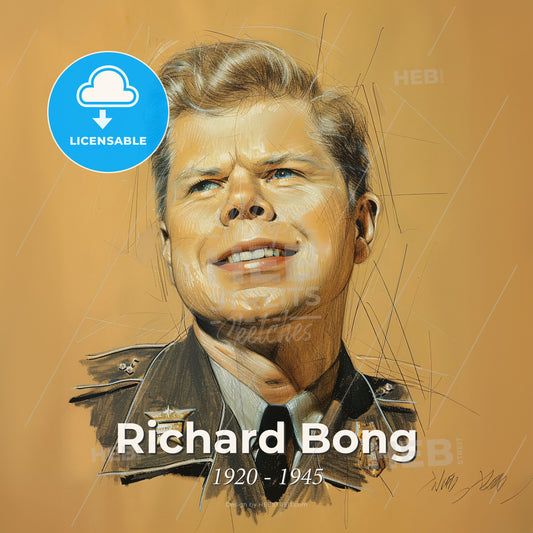 Richard Bong, 1920 - 1945, American fighter ace - A Drawing Of A Man In Uniform Print Template