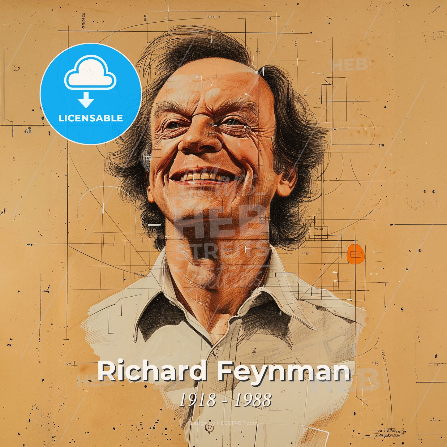 Richard Feynman, 1918 - 1988, American physicist - A Man With A Drawing On The Wall Print Template