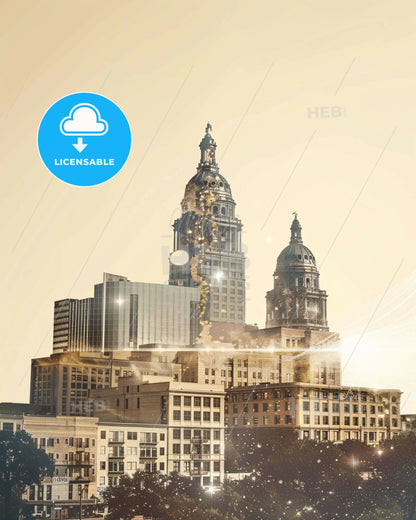 Richardson Skyline Iconography Double Exposure Poster - A city skyline with many tall buildings