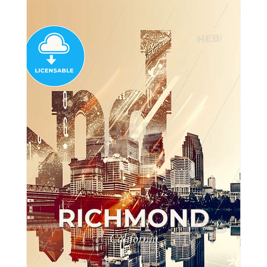 Richmond Skyline Art Deco Poster - A city skyline with a bridge over water - Square format print template