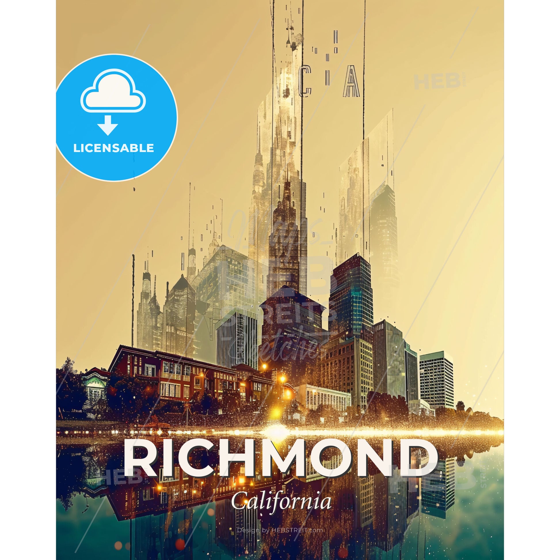 Richmond Symphony of Icons Skyline - A city with many tall buildings and a reflection of water - Square format print template