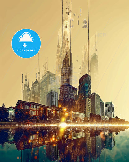 Richmond Symphony of Icons Skyline - A city with many tall buildings and a reflection of water