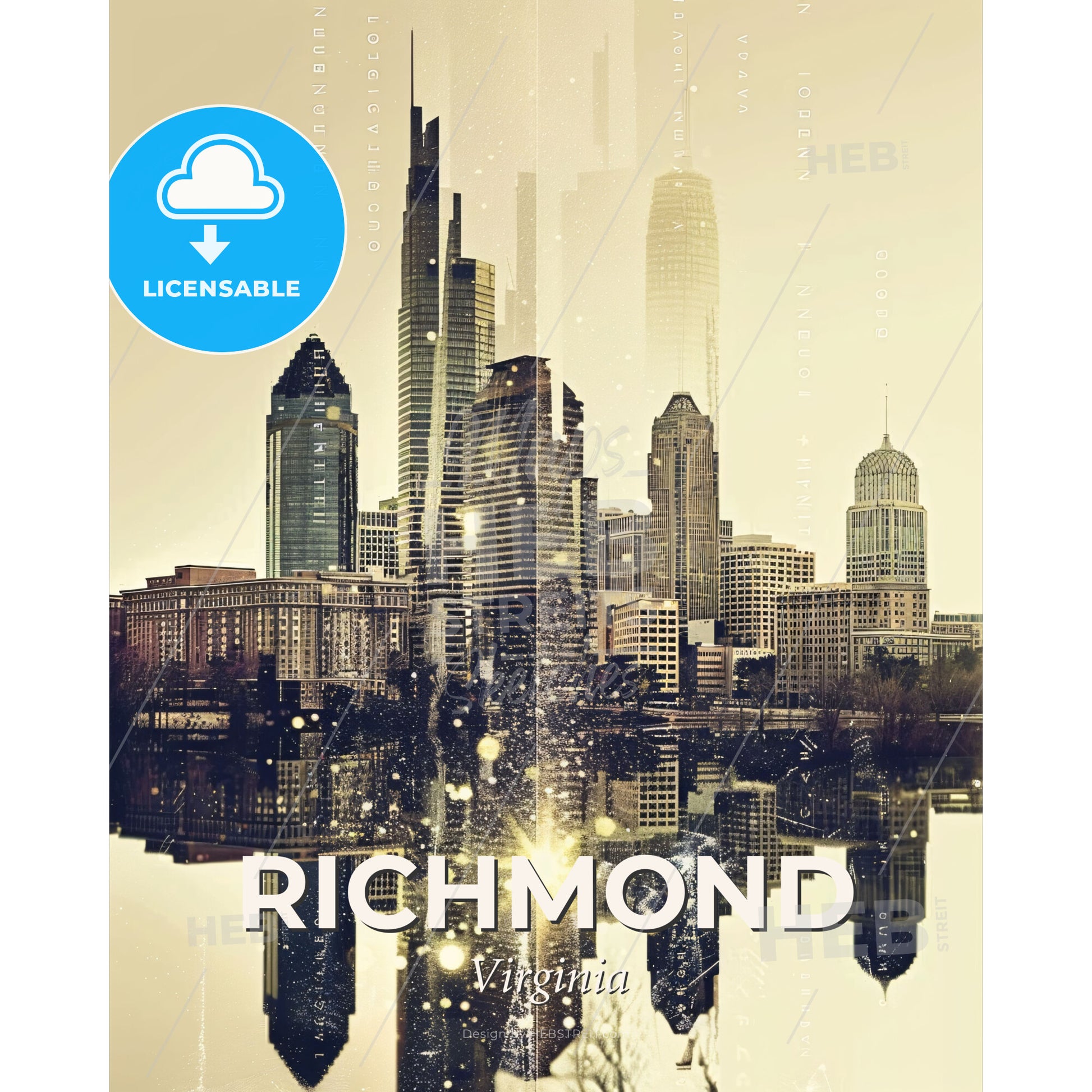 Richmond Skyline Double Exposure Art Poster - A city with many tall buildings - Square format print template