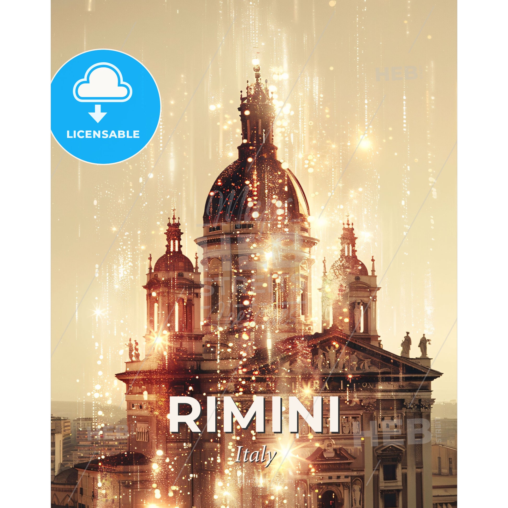 Rimini City Skyline Vintage Poster Art - A building with a dome and a dome and a building with lights - Square format print template