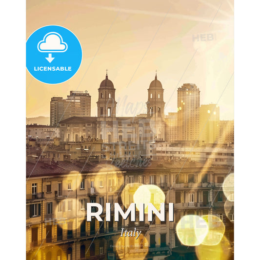 Rimini City Sunset Sparkles Poster Art - A city with buildings and sun rays - Square format print template