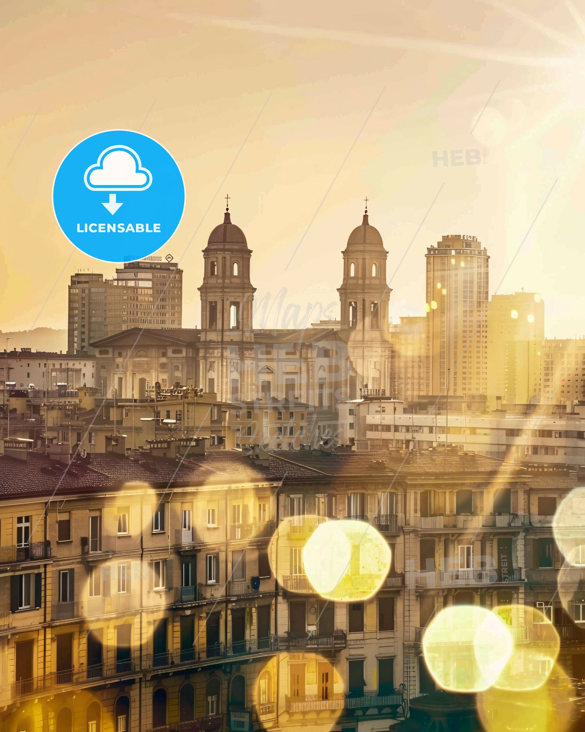 Rimini City Sunset Sparkles Poster Art - A city with buildings and sun rays