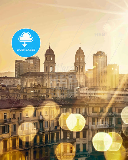 Rimini City Sunset Sparkles Poster Art - A city with buildings and sun rays