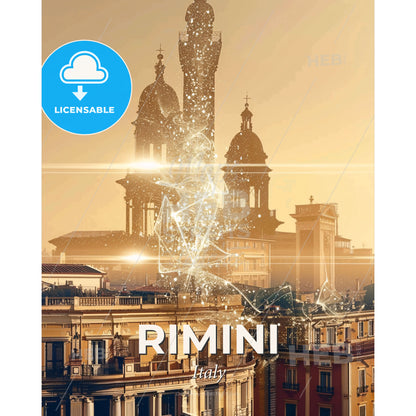 Rimini: A Golden City Skyline Composite - A city with buildings and a building with a light shining through - Square format print template