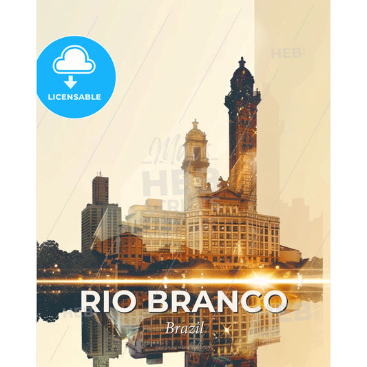 Rio Branco Skyline Beige Composite Print - A city skyline with a tall tower and a light reflecting on the water - Square format print template