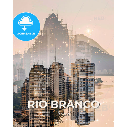 Rio Branco City Skyline Composite Art Poster - A cityscape with a body of water and mountains - Square format print template