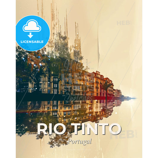Rio Tinto City: Double Exposure Art Skyline - A reflection of buildings and trees in water - Square format print template