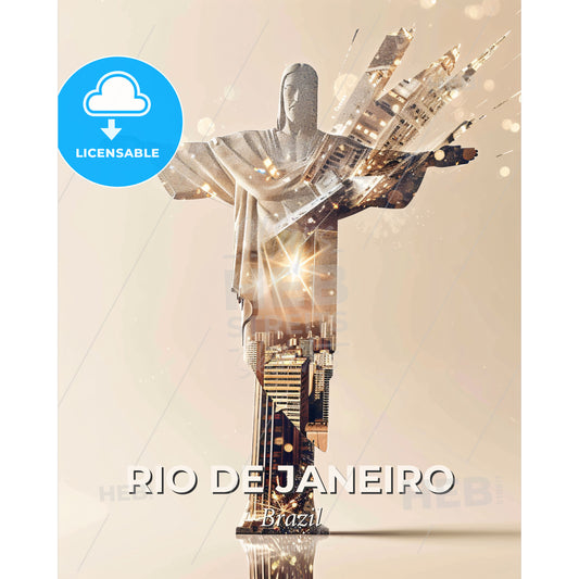 Rio Splendor: Iconic Architecture on Beige Canvas - A statue with a city in the background - Square format print template