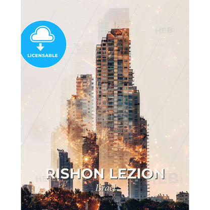 Rishon LeZion Skyline Composite Art - A city skyline with fireworks - Square format print template