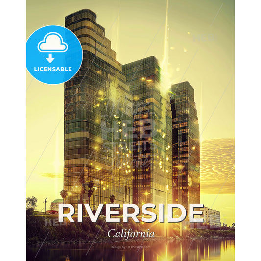 Riverside City Skyline Twilight Panorama - A tall buildings with lights - Square format print template