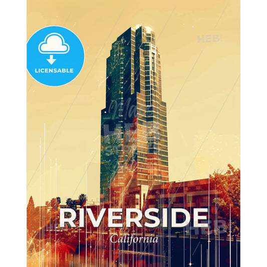 Riverside City Skyline Composite Art Bright Beige Poster - A tall building with a glass roof - Square format print template