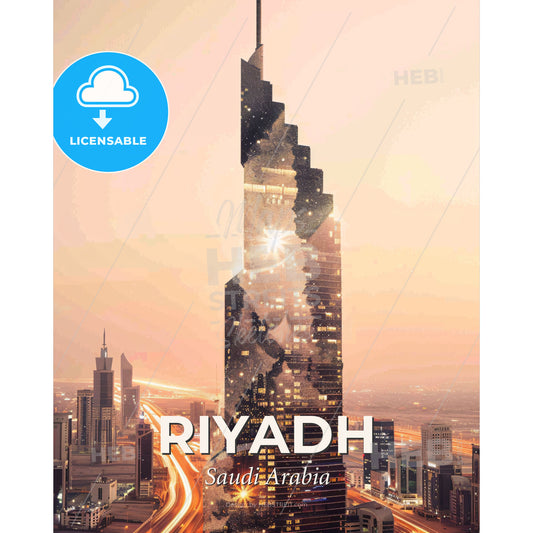Riyadh Skyline Composite: Beige Beauty with Sparkles - A skyscraper with a broken glass - Square format print template