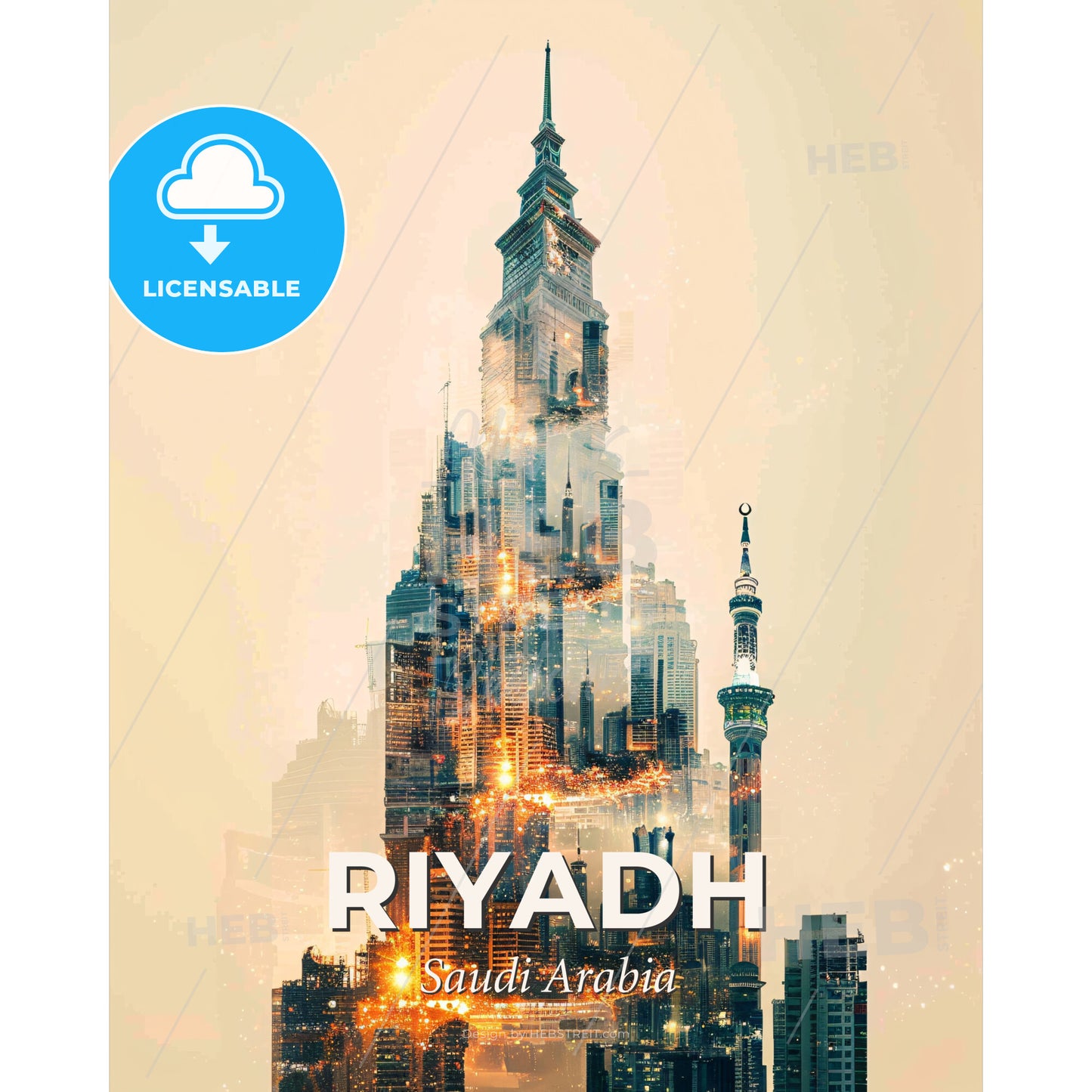 Riyadh Composite Art Skyline Poster - A city skyline with a tall tower - Square format print template