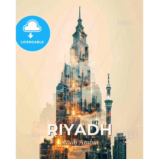 Riyadh Composite Art Skyline Poster - A city skyline with a tall tower - Square format print template