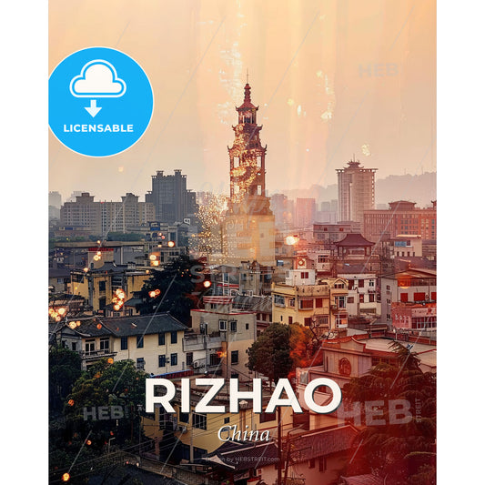 Rizhao Skyline Double Exposure Art Print - A city with a tower and many buildings - Square format print template