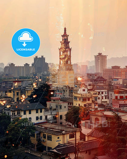 Rizhao Skyline Double Exposure Art Print - A city with a tower and many buildings