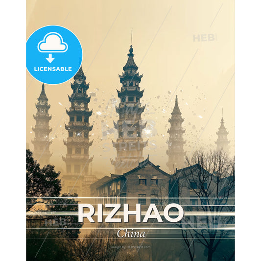 Rizhao Skyline Double Exposure Art Poster - A group of tall buildings with towers - Square format print template