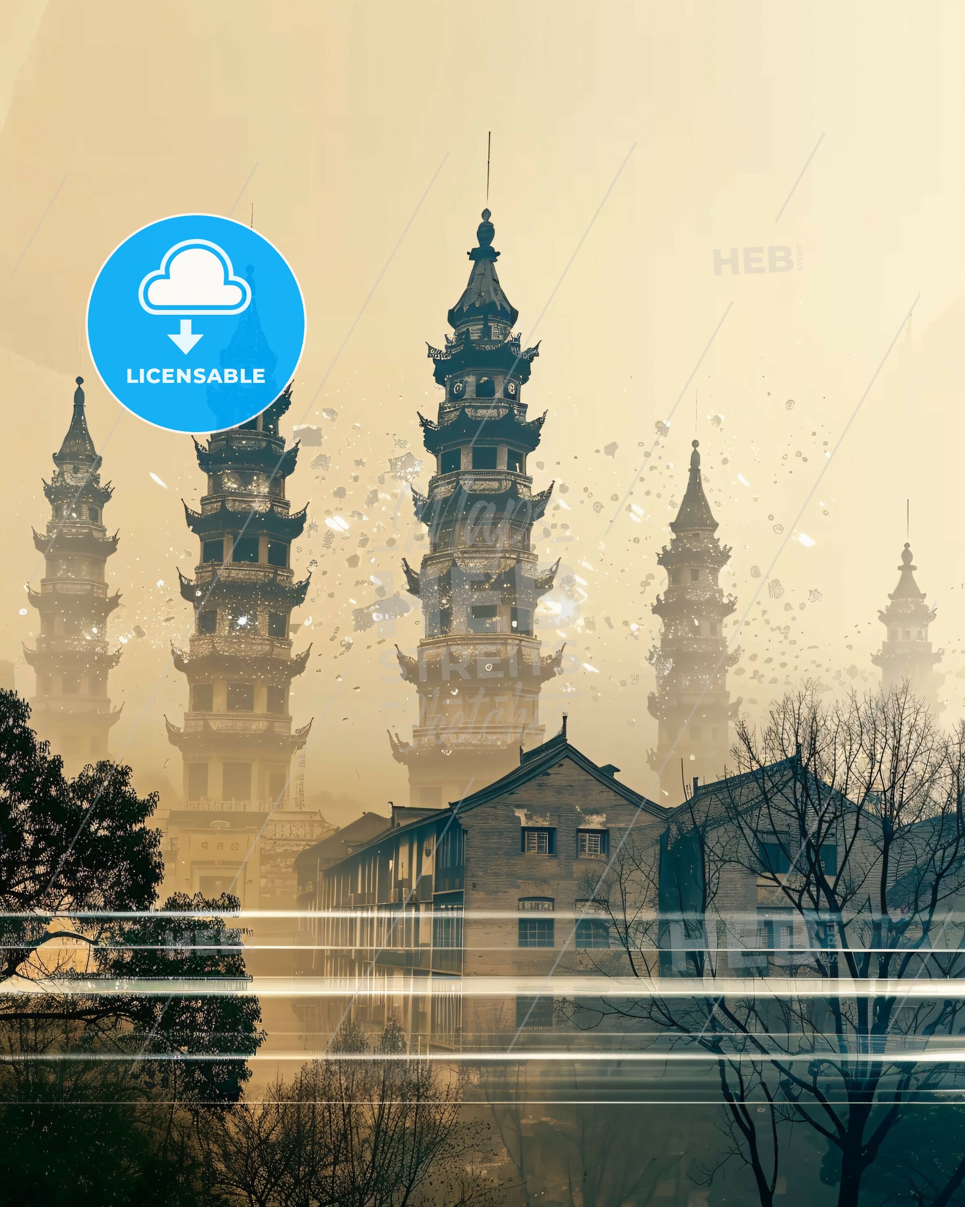 Rizhao Skyline Double Exposure Art Poster - A group of tall buildings with towers