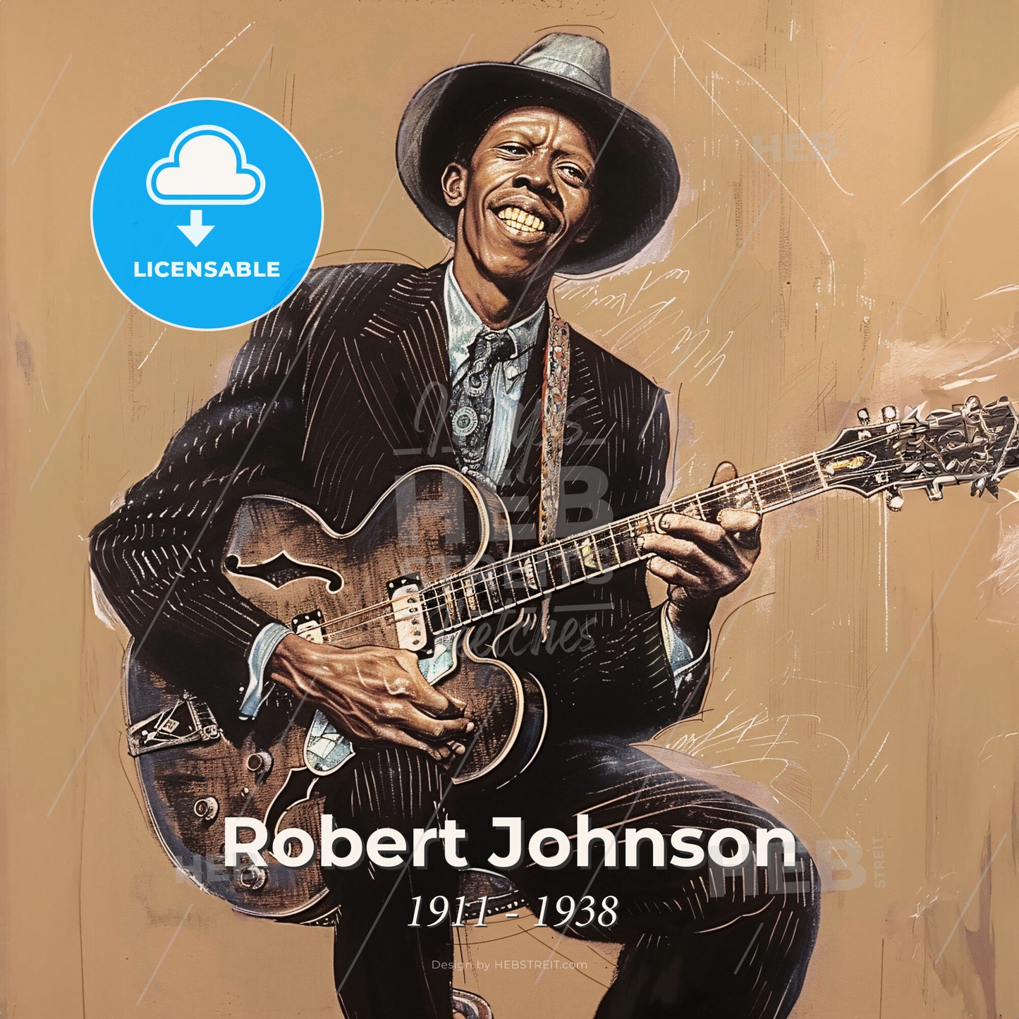 Robert Johnson, 1911 - 1938, American blues guitarist - A Man Playing A Guitar Print Template