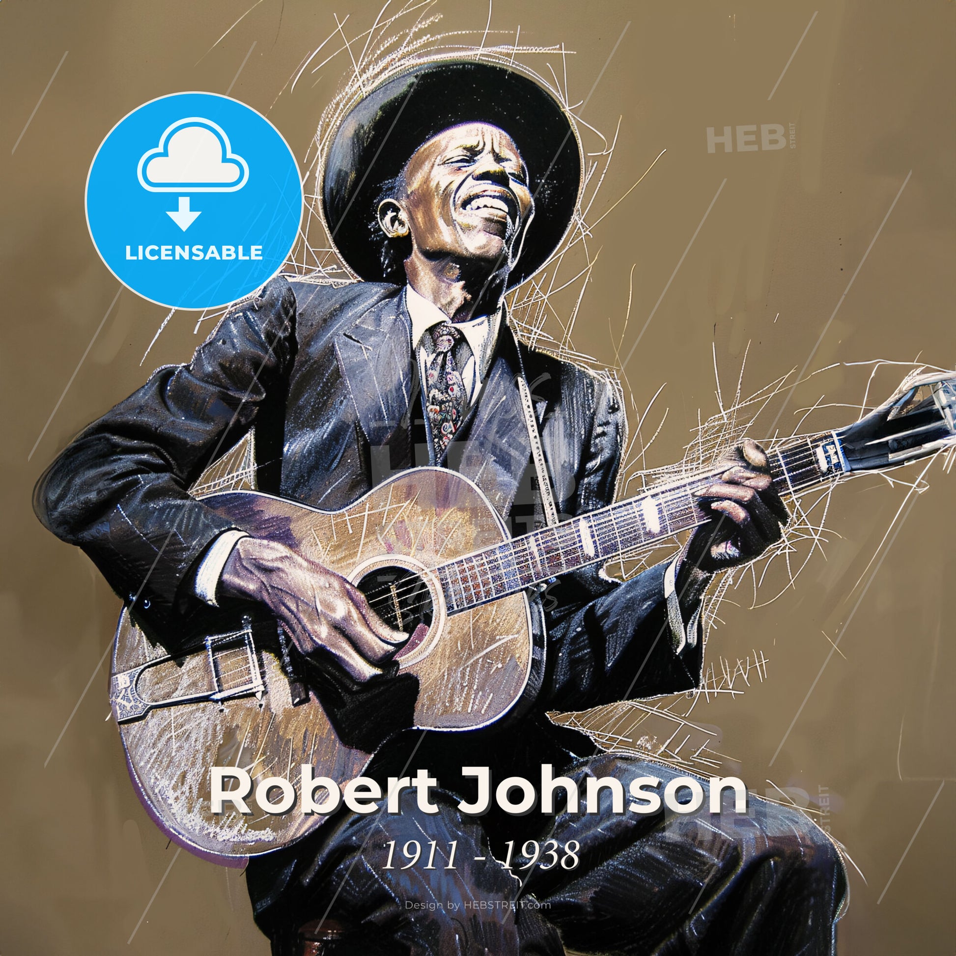 Robert Johnson, 1911 - 1938, American blues guitarist - A Man Playing A Guitar Print Template