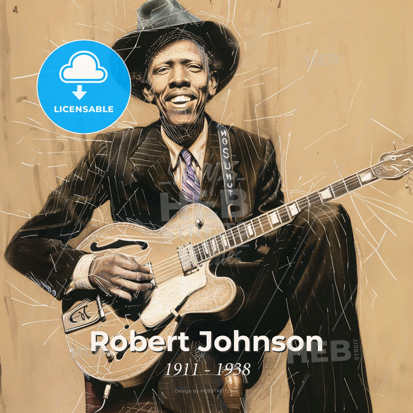 Robert Johnson, 1911 - 1938, American blues guitarist - A Man Holding A Guitar Print Template