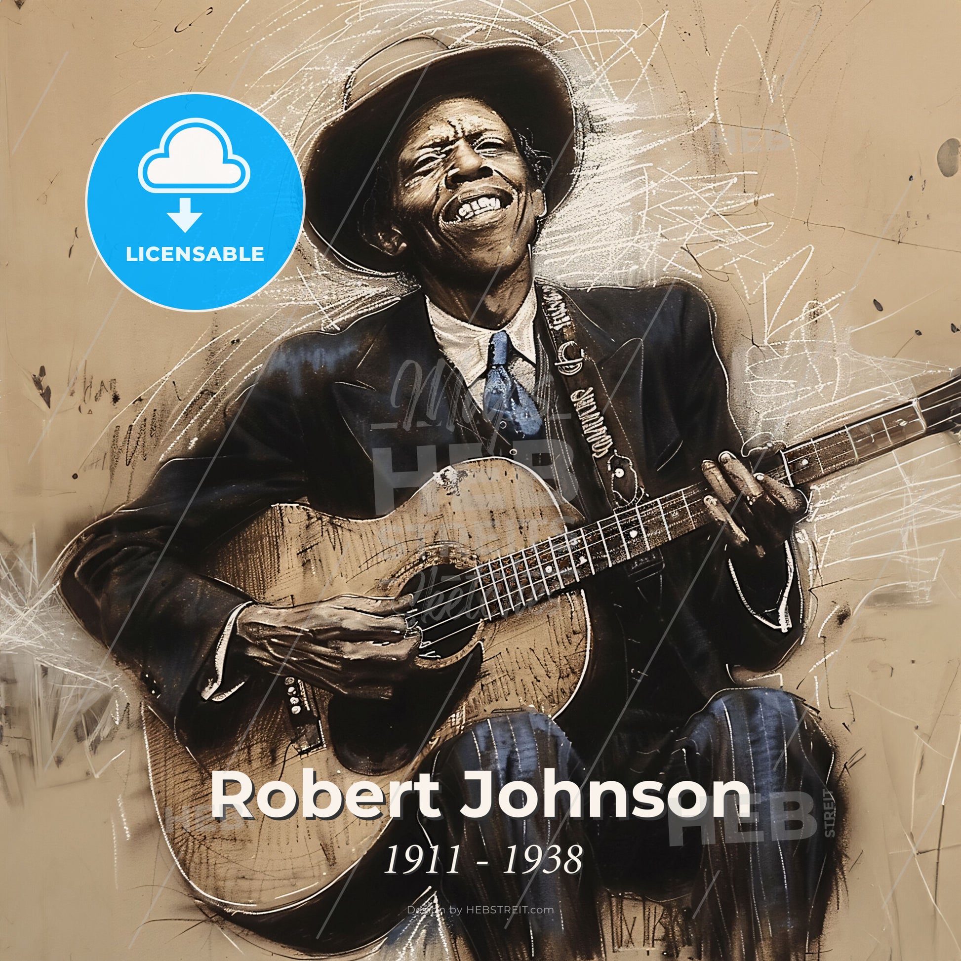 Robert Johnson, 1911 - 1938, American blues guitarist - A Man Playing A Guitar Print Template