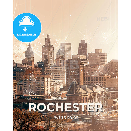 Rochester City Skyline Double Exposure Art - A city with fireworks exploding - Square format print template