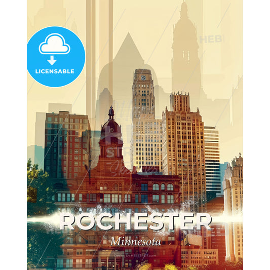 Rochester Artful Skyline Composite Poster - A city skyline with a fountain - Square format print template