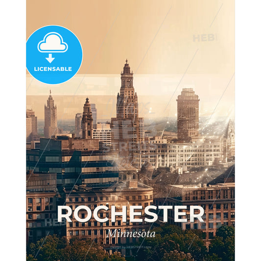 Rochester Skyline Double Exposure Poster Art - A city skyline with sun rays - Square format print template
