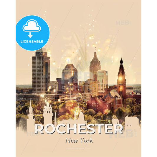 Rochester Cityscape: Dual Exposure Skyline Symphony - A city skyline with many tall buildings - Square format print template