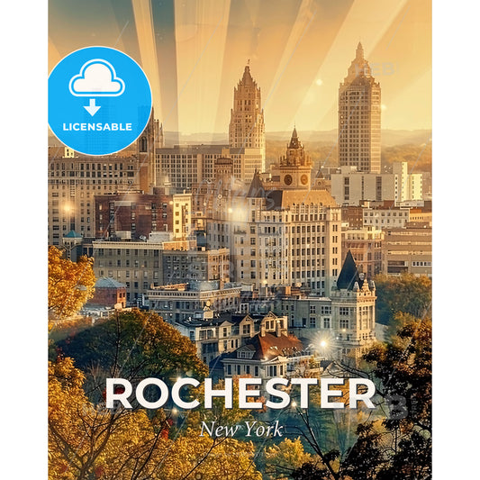 Rochester: Double Exposure Skyline Poster - A city with many tall buildings - Square format print template