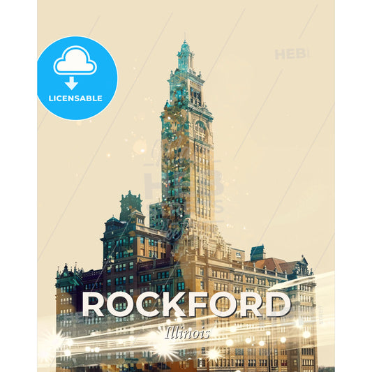 Rockford City Skyline Composite Double Exposure Art Poster - A tall building with a tall tower - Square format print template