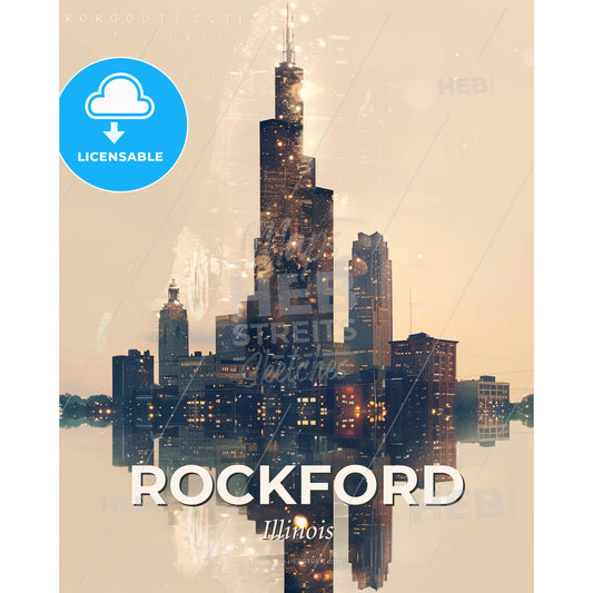 Rockford City Skyline Bright Beige Poster Art - A city skyline reflected in water - Square format print template