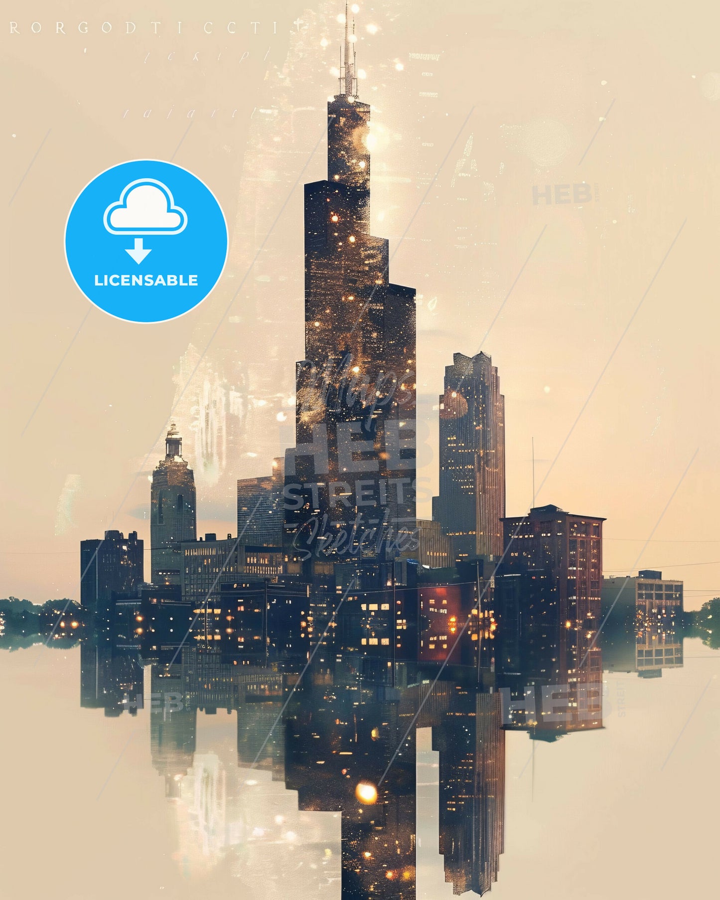 Rockford City Skyline Bright Beige Poster Art - A city skyline reflected in water