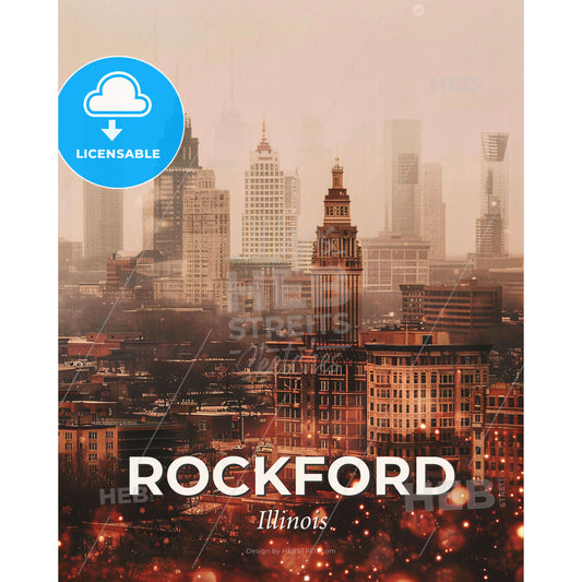 Rockford Cityscape: Local Icons, Bright Beige - A city with many tall buildings - Square format print template