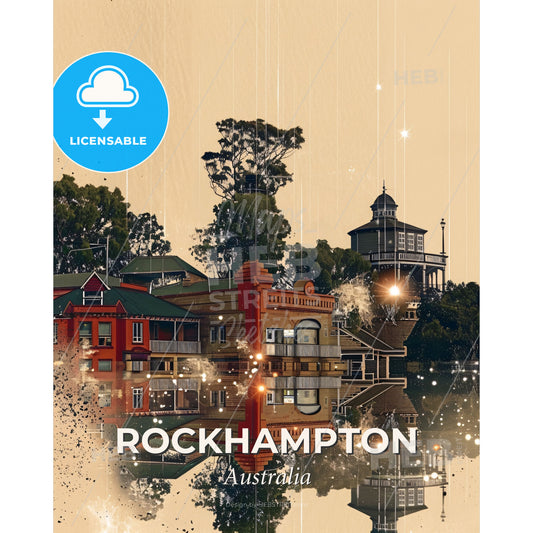 Rockhampton Cityscape Double Exposure Poster Design - A building next to a body of water - Square format print template