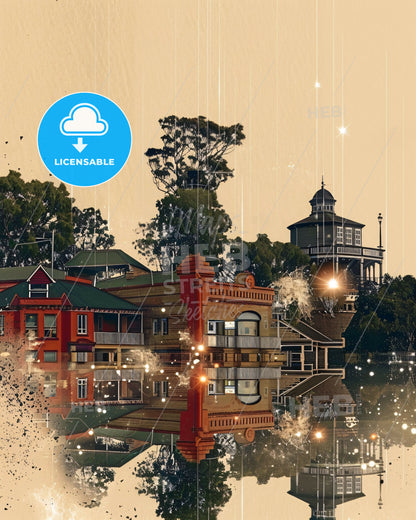 Rockhampton Cityscape Double Exposure Poster Design - A building next to a body of water