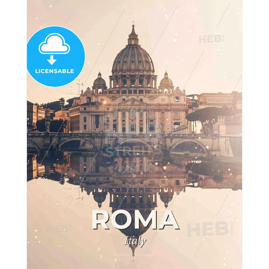 Rome Icon Skyline Double Exposure Beige Art Print - A building with a dome and a bridge over water - Square format print template