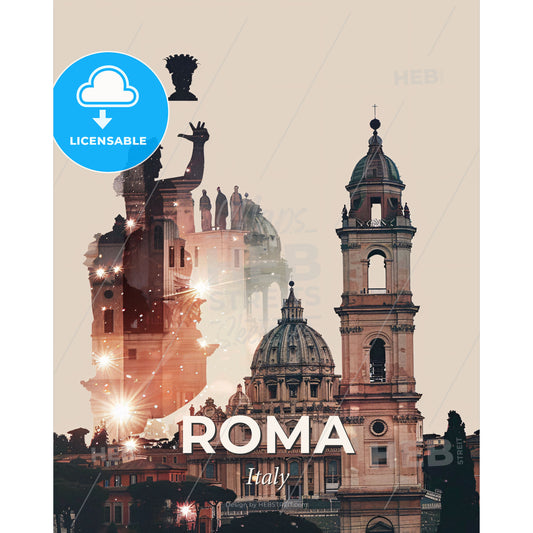 Rome Skyline Double Exposure Art Poster - A group of buildings with a statue in the background - Square format print template